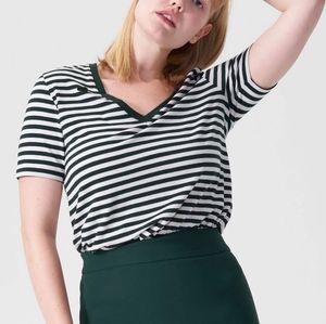 Universal Standard XS V-Rex T-shirt Forest Green and Bone Stripe.